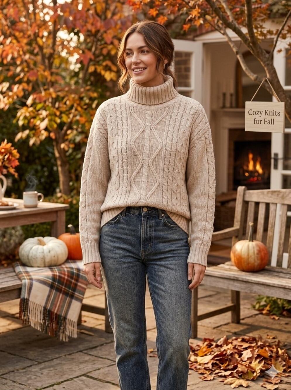 Chunky Knit Cable Sweater Turtleneck Light Tan Free Assembly Womens Size Large